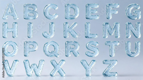 Full alphabet set of transparent water droplet and ice block letters isolated on a light blue background with alphabet transparent typography background