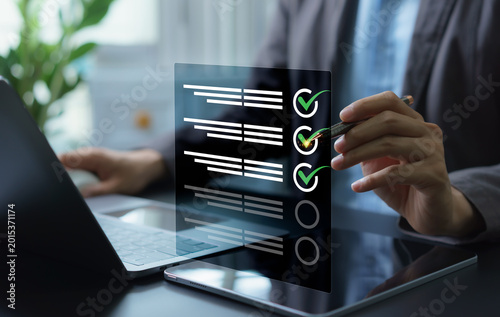 Foto Document approval with tick and checkmark for quality assurance, guarantee acceptance, certification validation and business compliance process concept