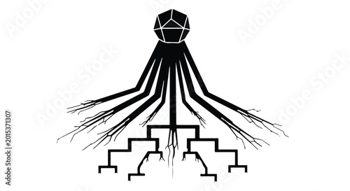 Virus structure is shown with geometric roots extending into a complex network below.