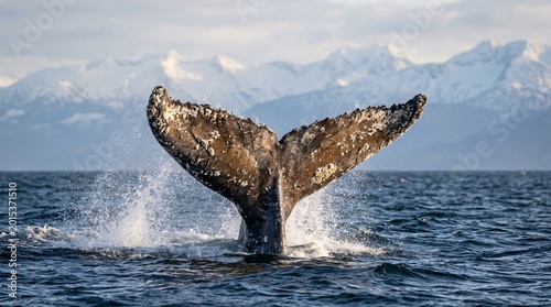 Humpback whale tail breaching surface of blue ocean water with majestic snowy mountain peaks in background under soft daylight during whale watching expedition tour.