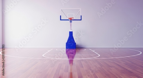 A pristine indoor basketball court featuring a highly polished wooden floor, bright white boundary lines, and a sturdy basket hoop setup, wooden, arena, detail