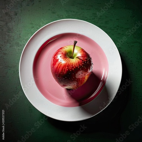 Fresh Red Apple with Water Drops on Pink and White Plate Over Green Background