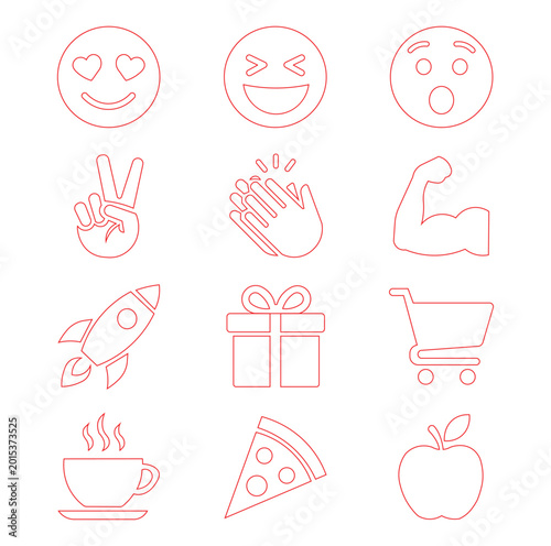 Social media emoji and lifestyle icon set with red outline vectors