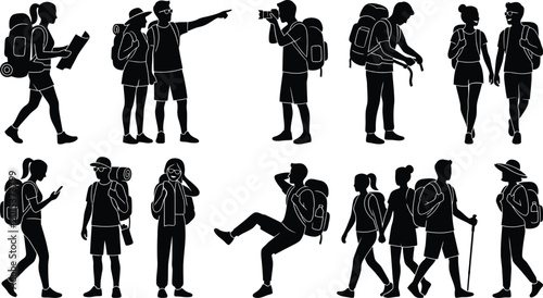 Fotografie Hikers and outdoor enthusiasts with backpacks isolated on white background, Vect