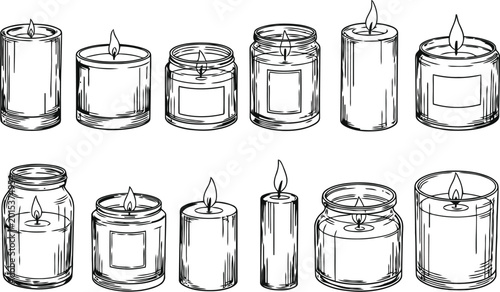 A collection of hand drawn sketch illustrations featuring various burning candles and glass jars