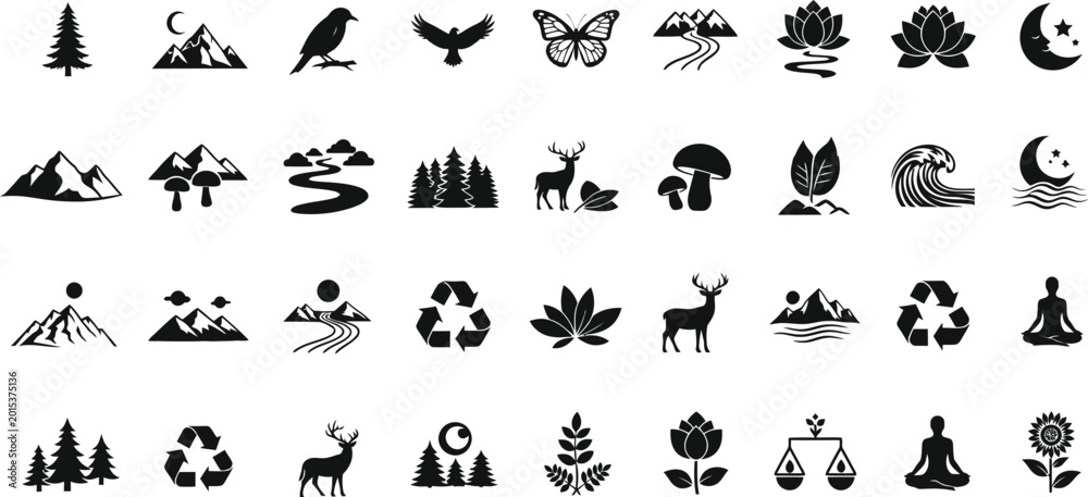 Obraz premium Eco-friendly black silhouettes on white background, nature symbols environmental conservation