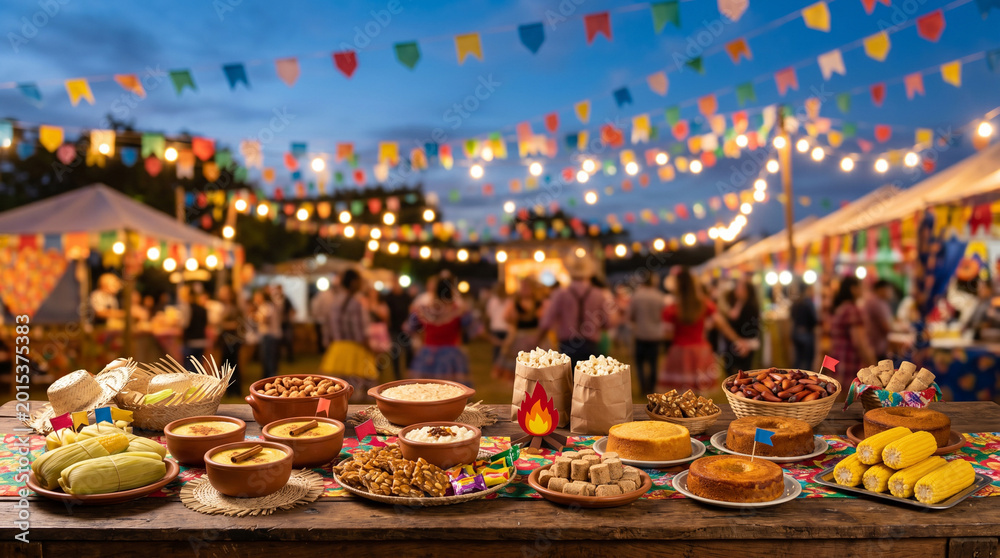 Fototapeta premium A vibrant festive outdoor event filled with food, decorations, and people celebrating. The scene features a long table laden with various dishes.