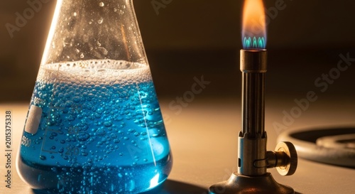Blue liquid in Erlenmeyer flask heated by laboratory burner