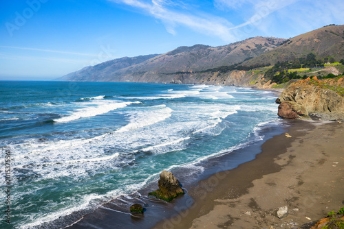 Scenic Big Sur coastline along Highway 1, California, with rolling ocean waves, sandy beach, and rugged cliffs. Pacific shoreline under clear blue sky with expansive coastal views