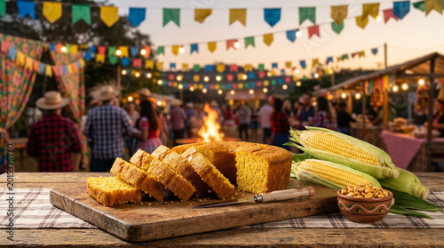 A festive gathering with food, decorations, and people celebrating at an outdoor festival. The focus is on a delicious cornbread cake