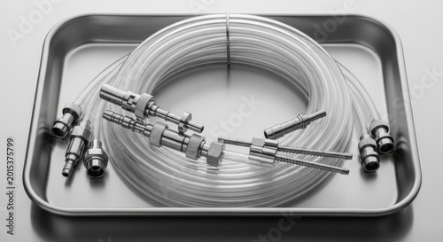 Bundle of Clear Flexible Tubing With Metal Connectors