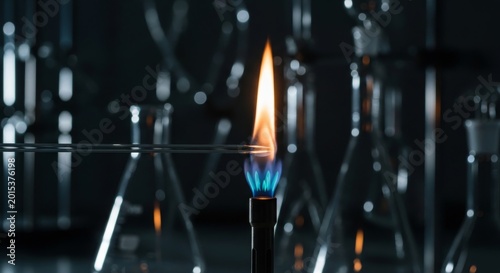 Bunsen burner with blue and orange flame in laboratory