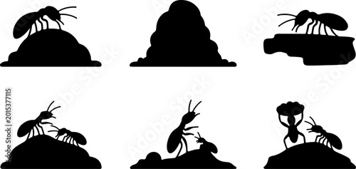 Bild auf Leinwand Ant Colony Silhouette Set Showing Ants on Soil Mounds in Various Poses for Natur