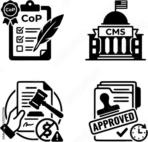 Medical Policy Law & Compliance 4 Vector Set CoP CMS No Surprises Act Prior Auth vector black icons