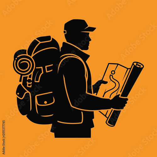 Quadro em tela Man with a backpack and map.