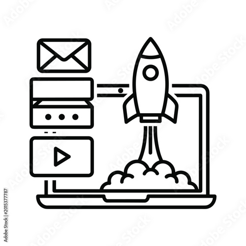 Laptop with rocket launching from server stack
