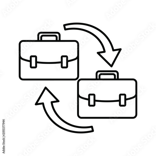 Two briefcases swapping places with arrows