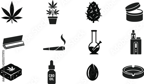 Cannabis leaf plant bud joint bong vape edible CBD oil seed ashtray rolling papers marijuana icons collection hemp medical weed -flat vector illustration