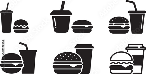 Fast food silhouettes, burgers and drinks hamburger