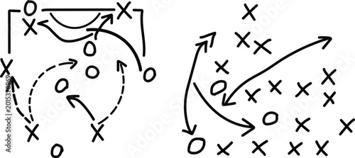 Foto Hand drawn tactical sports strategy diagrams showing player movements and ball paths on a whiteboard used by coaches to explain game plans to their professional athletes