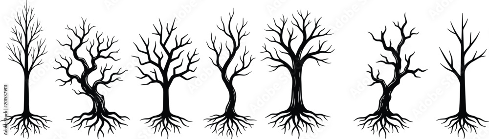 Fototapeta premium Leafless tree roots branches nature growth decay silhouette forest plant icon set design artwork -flat vector illustration
