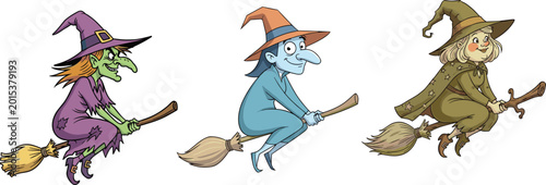 Tableau sur toile Cartoon witch characters flying on broomsticks isolated on clean background for