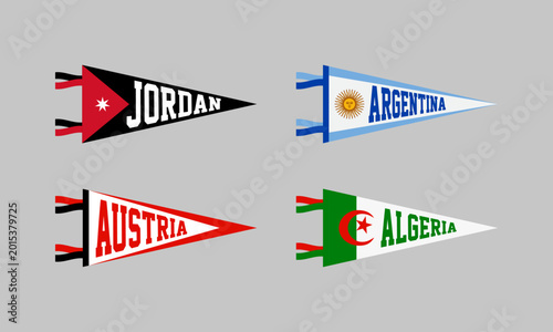 Soccer or Football Team Jordan, Argentina, Austria, Algeria Fan Pennants set. Group J. Retro colors labels. Vintage hand drawn wanderlust style.