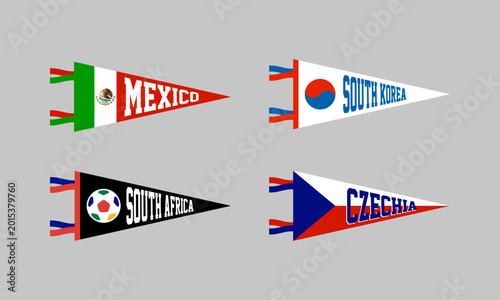 Soccer or Football Team Mexico, South Korea, South Africa, Czechia Fan Pennants set. Group A. Retro colors labels. Vintage hand drawn wanderlust style.
