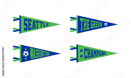 Set of Seattle soccer team pennants. Retro colors labels. Vintage hand drawn wanderlust style. Isolated on white background. Good for t shirt, mug, other identity. Vector illustration.