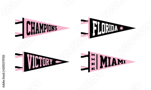 Set of Miami soccer team pennants. Retro colors labels. Vintage hand drawn wanderlust style. Isolated on white background. Good for t shirt, mug, other identity. Vector illustration.