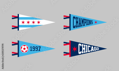 Set of Chicago soccer team pennants. Retro colors labels. Vintage hand drawn wanderlust style. Isolated on white background. Good for t shirt, mug, other identity. Vector illustration.