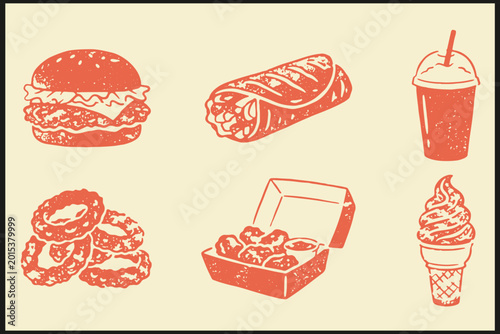 Tableau sur toile Fast food icons with burger burrito drink onion rings nuggets and ice cream cone