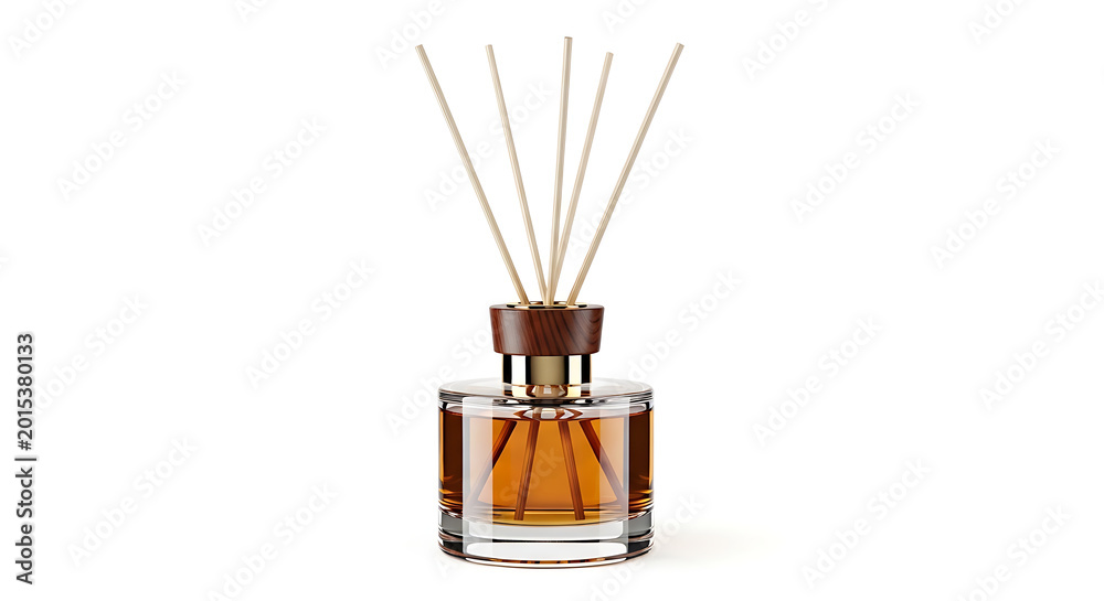 Obraz premium Elegant glass reed diffuser with amber liquid and wooden lid on a clean white background transparent background