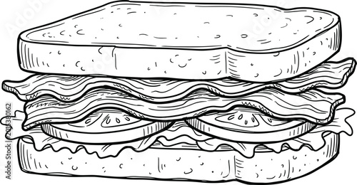Sandwich BLT bacon lettuce tomato bread food snack lunch meal cooking kitchen icon set detailed line drawing design artwork -flat vector illustration