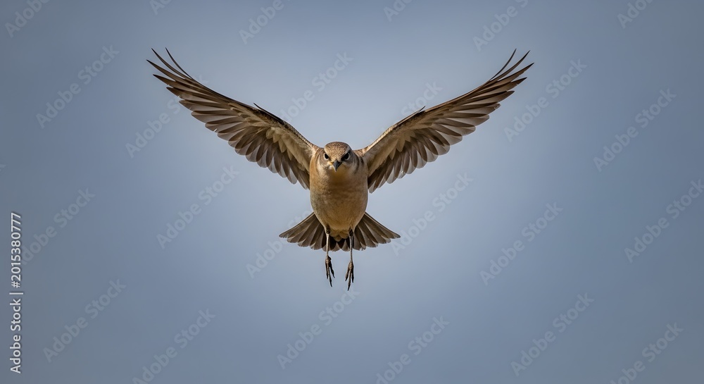 Obraz premium Brown bird in flight with wings spread wide against a soft blue sky in natural daylight