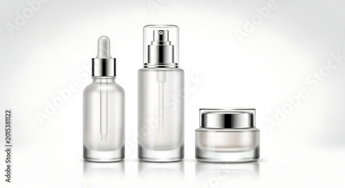 Three frosted glass cosmetic containers with metallic silver caps and pump isolated on transparent background transparent background