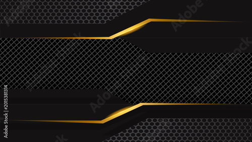 Modern dark metallic background with gold glow lines and honeycomb grill texture, luxury industrial banner.