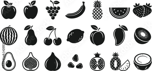 Black Icons of Various Fruits, Apple, Banana, Grapes, Pineapple, Watermelon, Strawberry, Cherry, Mango, Kiwi, and Coconut Isolated on White Background