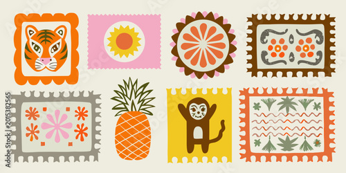 Photography Collection of decorative postage stamp style illustrations with tropical and ani