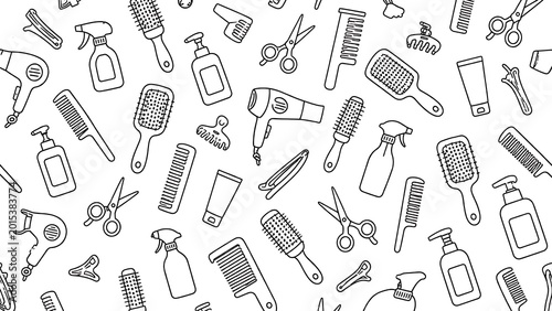 Seamless Hair Salon Pattern with Hairdryer Comb Scissors and Beauty Accessories