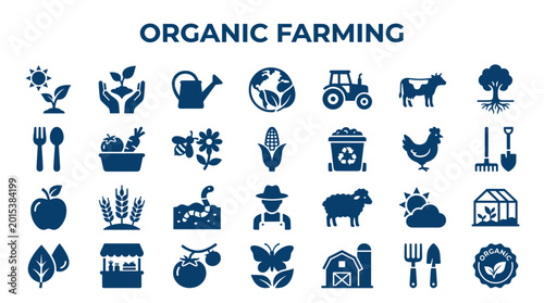 Bild auf Leinwand Organic Farming icons set agriculture sustainability healthy food production and
