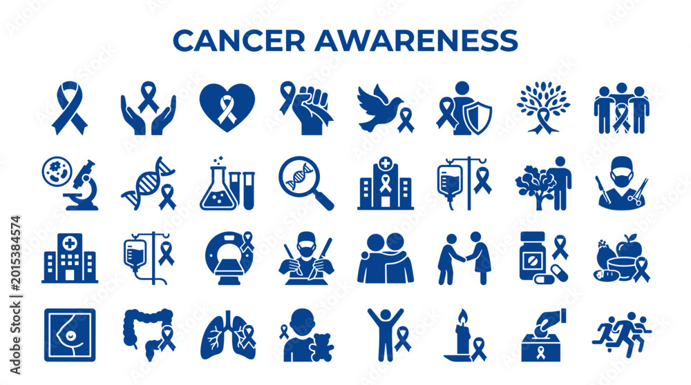Fototapeta premium Cancer Awareness Icons Collection Blue Color Symbolizing Hope Support and Medical Research