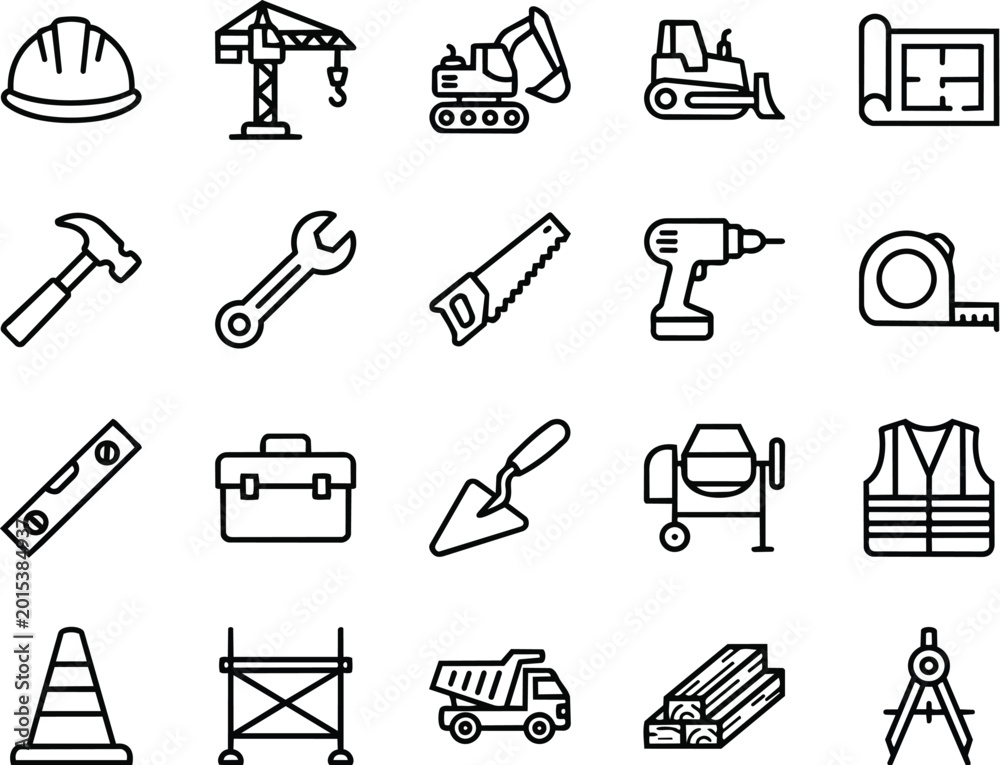 Fototapeta premium Construction Tools and Building Equipment Line Icons
