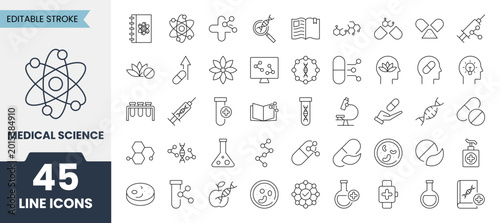 Medical science line icons set with editable stroke. Contains icons related to laboratory research, healthcare technology, DNA genetics and more. Vector illustration
