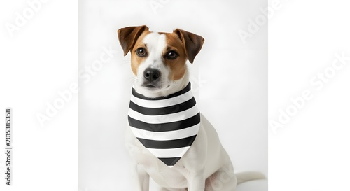 Jack Russell Terrier wearing a black and white striped bandana against a clean white background with soft studio lighting