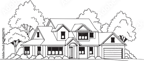 Black and white line art of a house with trees vector illustration