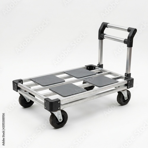 Silver metal folding luggage cart with black wheels and handle  equipment trolley.