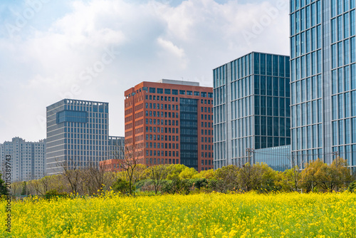 Photography office buildings in industrial park with canola flower blooming