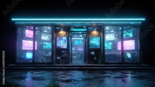 Futuristic Cyberpunk Digital Art Gallery Storefront with Neon Pink and Cyan Lights at Night. AI generated image