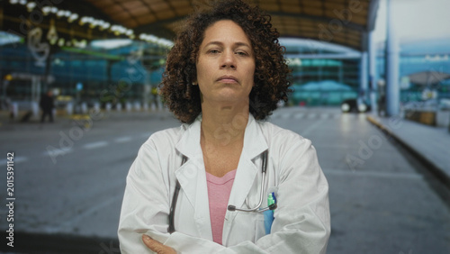 Photography Woman doctor in white coat stands with arms crossed and stethoscope at airport terminal; steadfast resolve